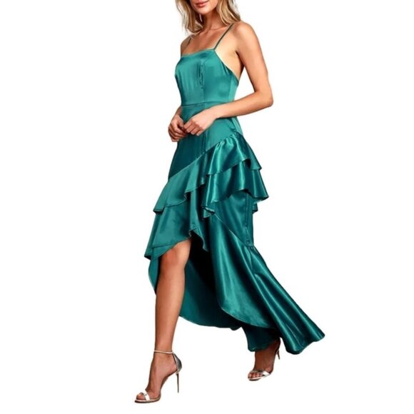 Lulus Yori Teal Green Satin Ruffled High-Low Maxi Dress - Picture 13 of 16